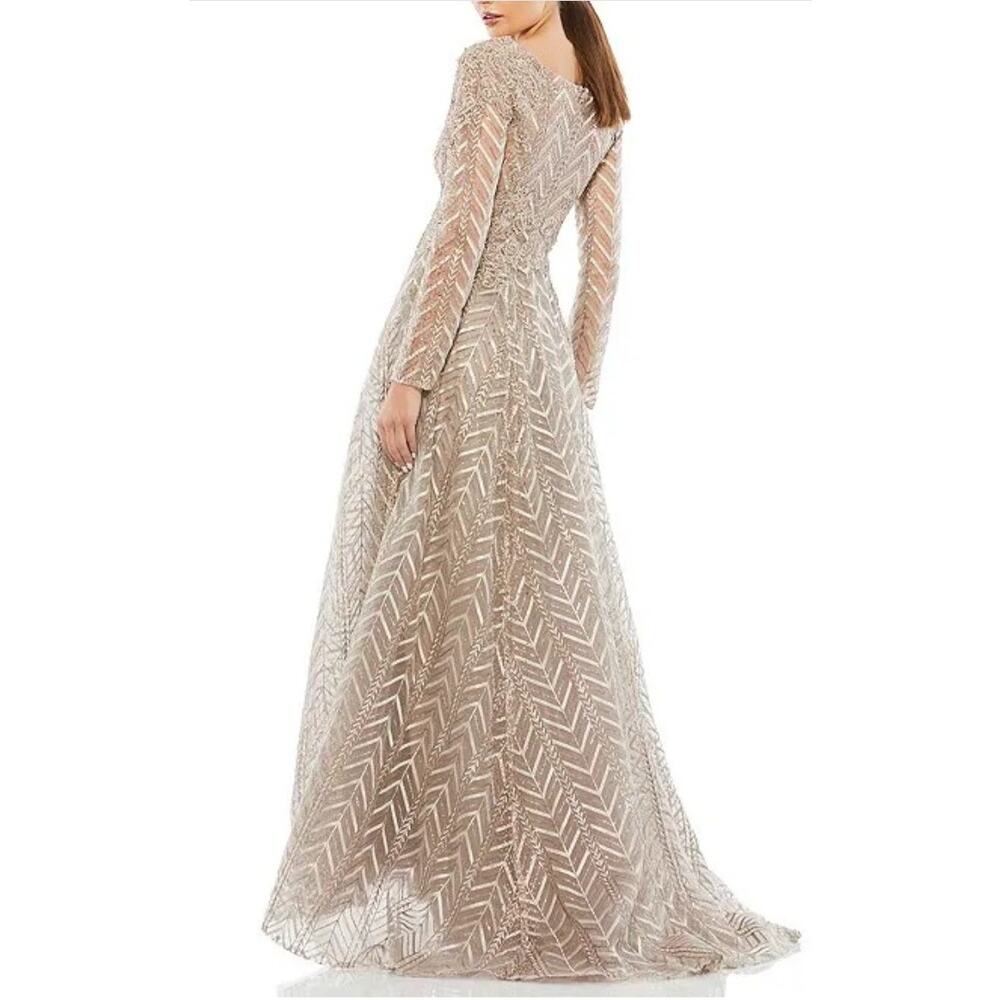 Mac Duggal 20189 Chevron Embellished Long Sleeve Gown Taupe Size 16 Formal - Picture 2 of 16